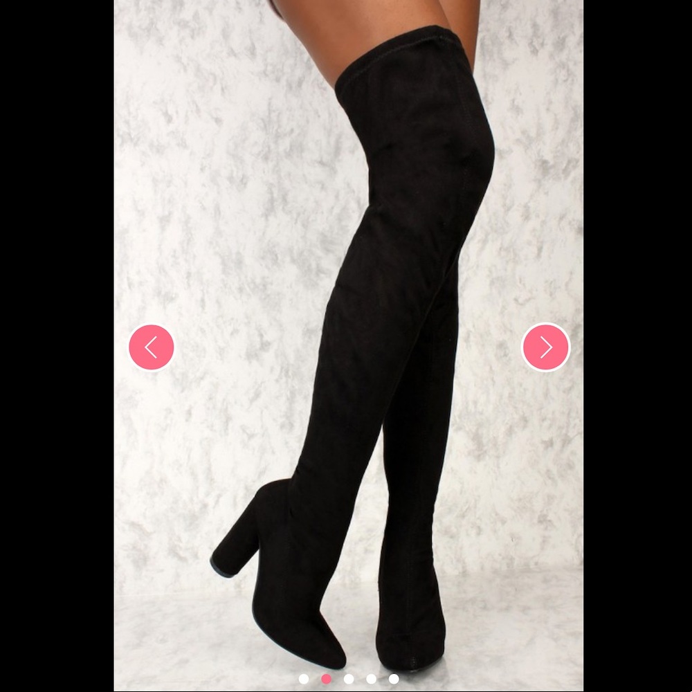 Thigh high black chunky heel boots